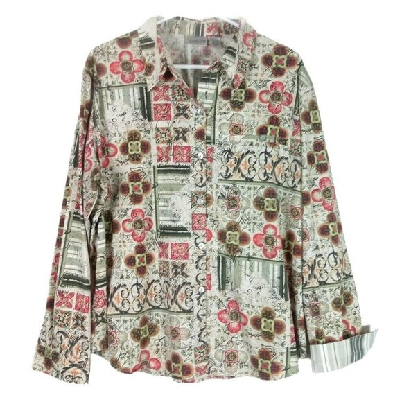 Chicos Womens Autumn Color Flip Cuff Shirt Top Button Up Contrast Fall Harvest 3 - Picture 1 of 7
